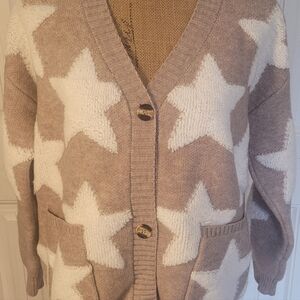 Cardigan w/Sherpa Stars, NEW in Bag, S, Tan/Ivory, Cute & Trendy🤎🤍